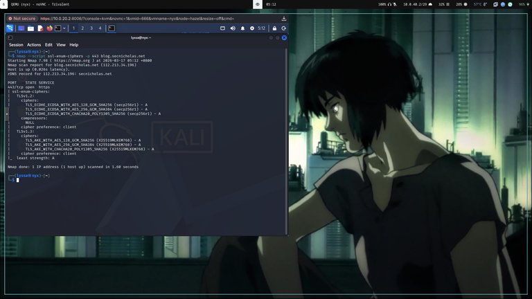 kali vm window showing nmap output with site ciphers